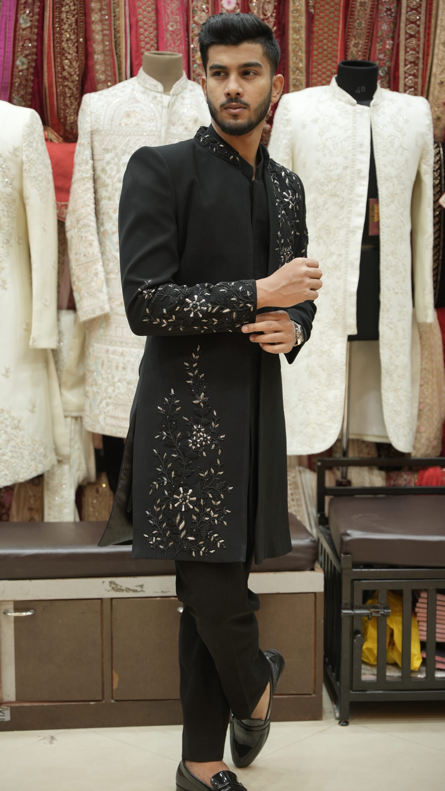 Black Asymmetrical Embroidered Indo-Western Long Jacket Set - Image 2