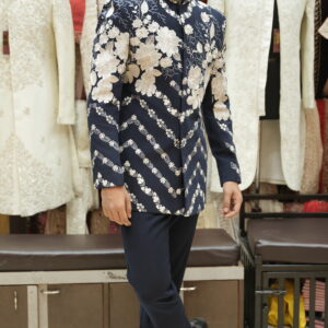 Navy Blue Floral Embroidered Indo-Western Set