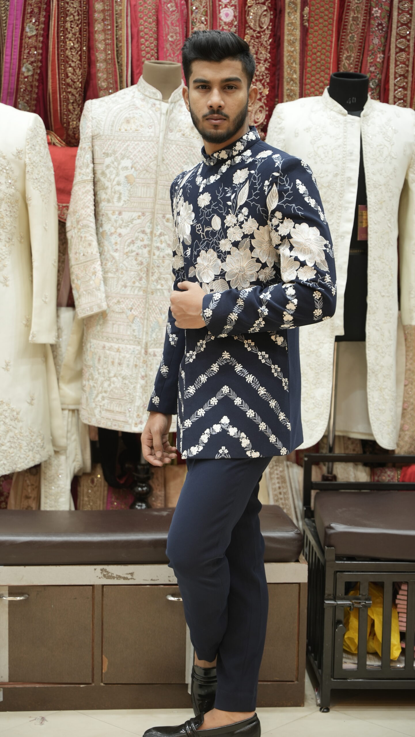 Navy Blue Floral Embroidered Indo-Western Set - Image 3