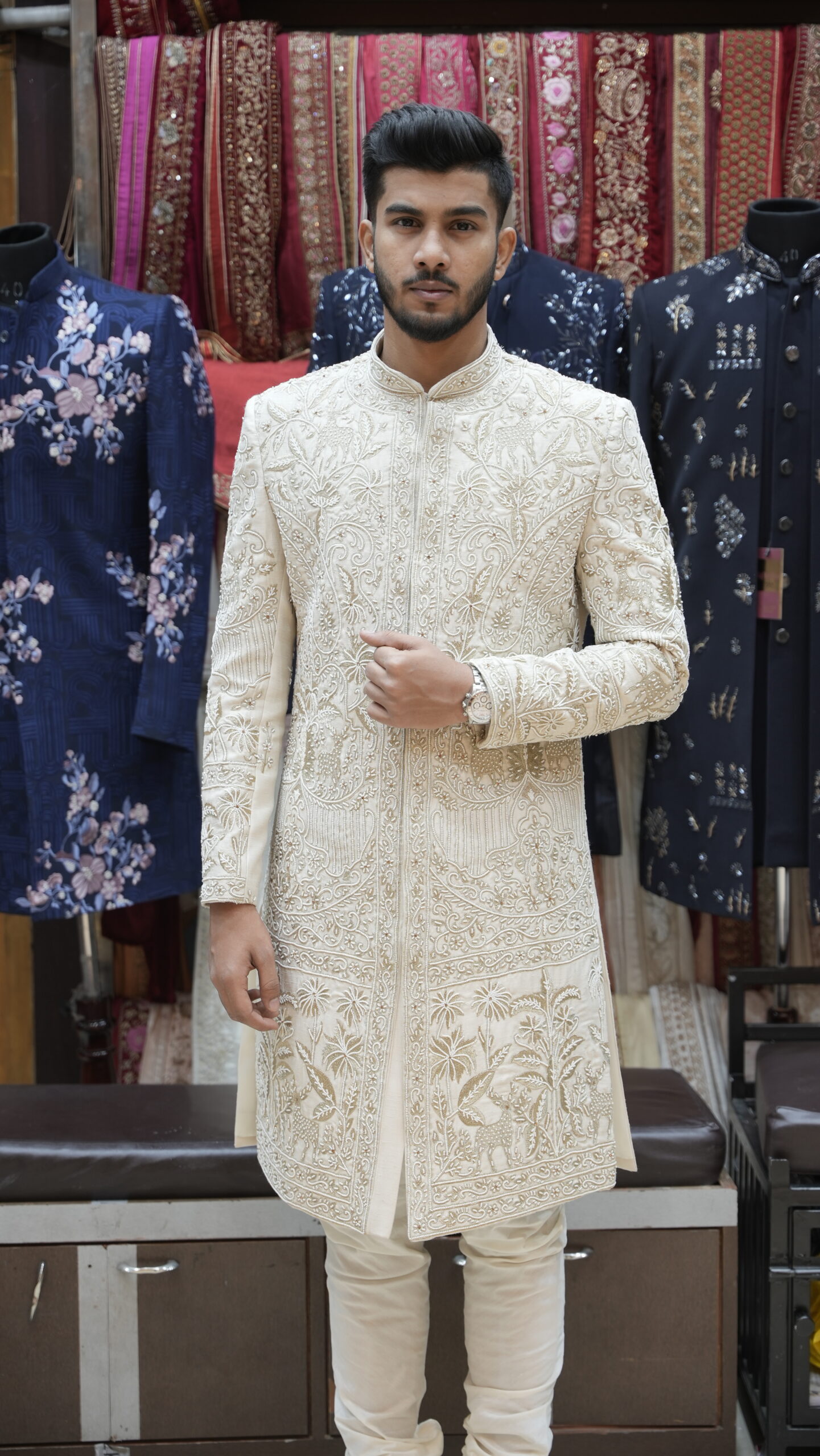 Ivory Heavily Embroidered Sherwani Set with Regal Heritage Motifs