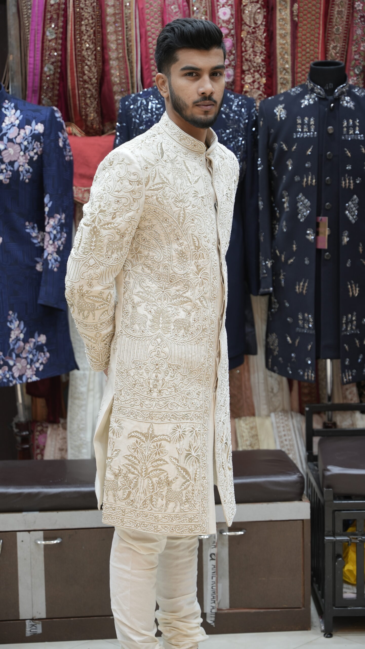 Ivory Heavily Embroidered Sherwani Set with Regal Heritage Motifs - Image 2