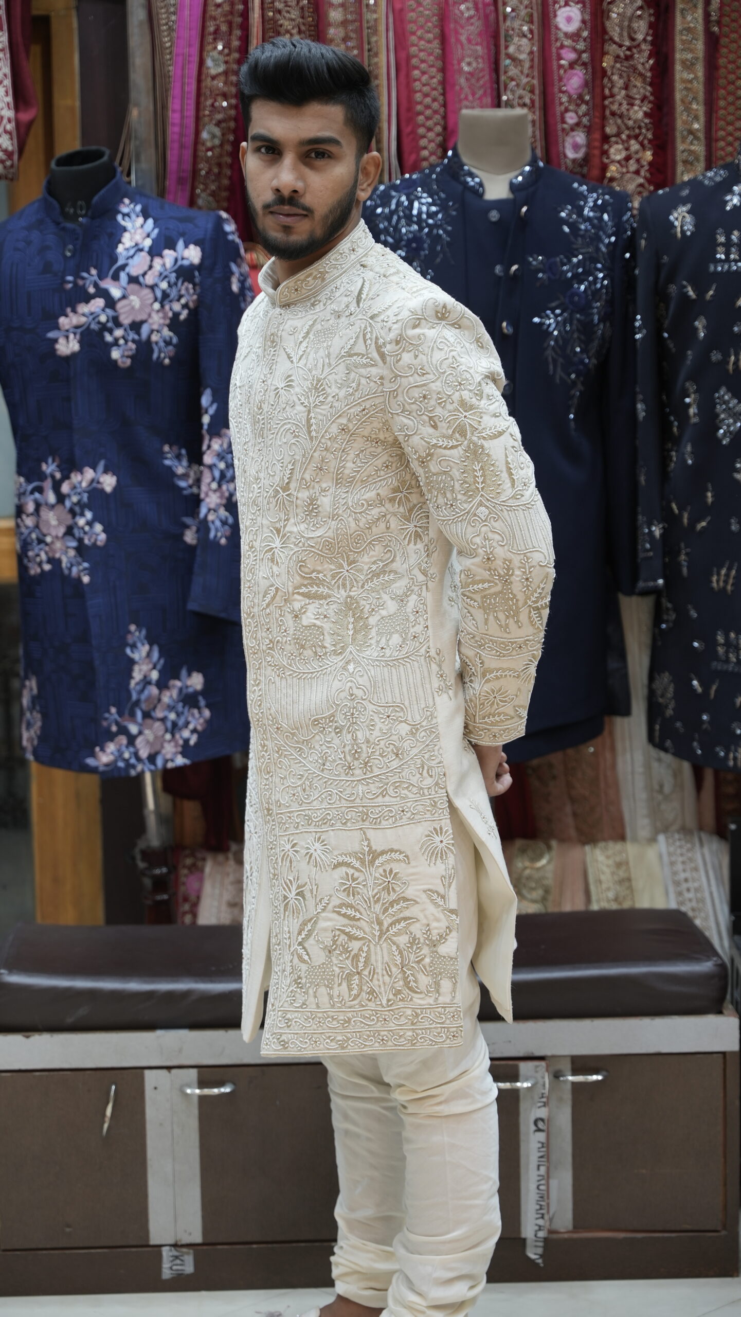Ivory Heavily Embroidered Sherwani Set with Regal Heritage Motifs - Image 3