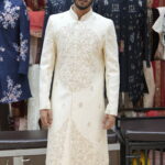 Cream Floral Embroidered Sherwani Set with Intricate Front Panel Work
