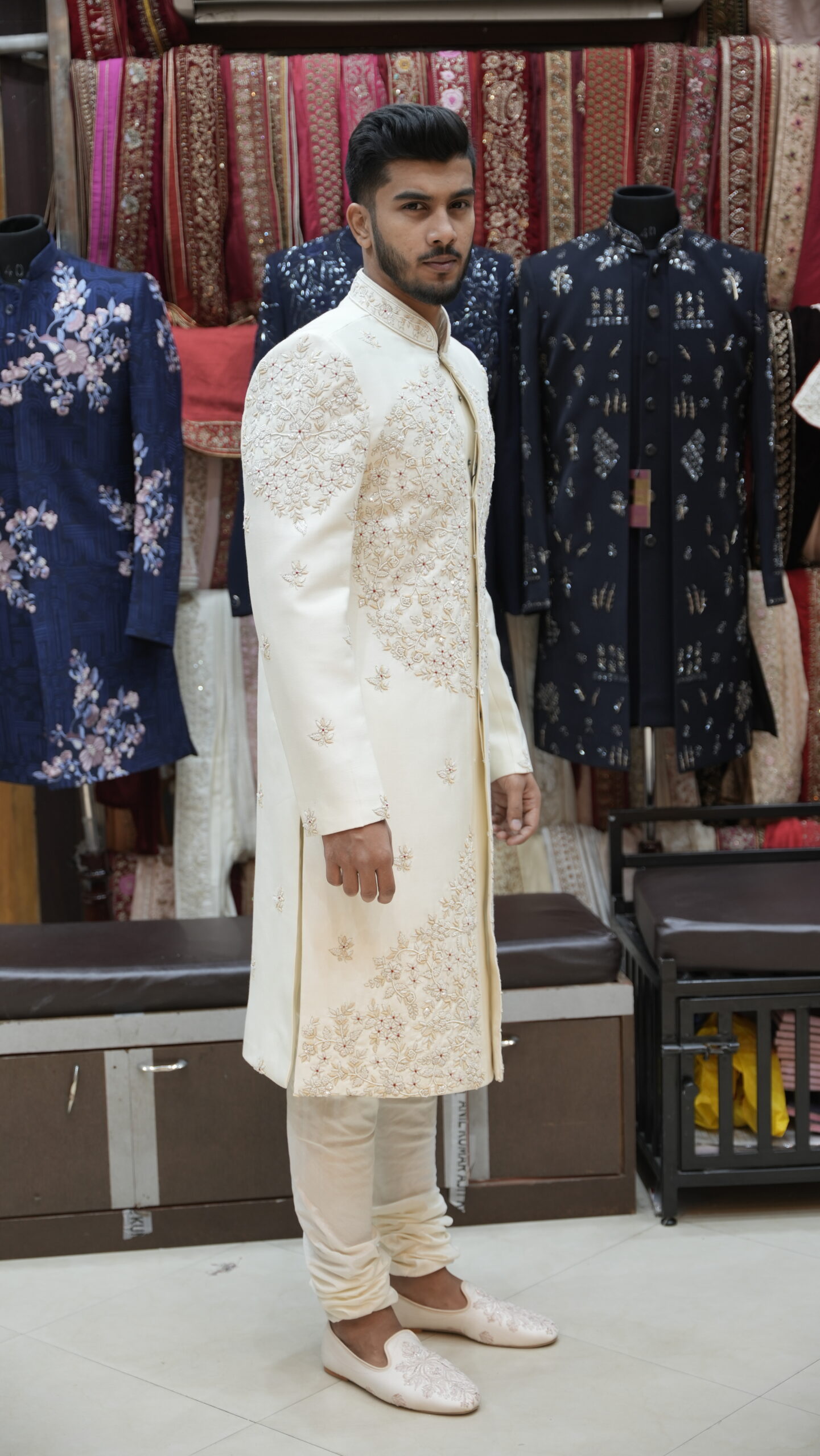 Cream Floral Embroidered Sherwani Set with Intricate Front Panel Work - Image 2