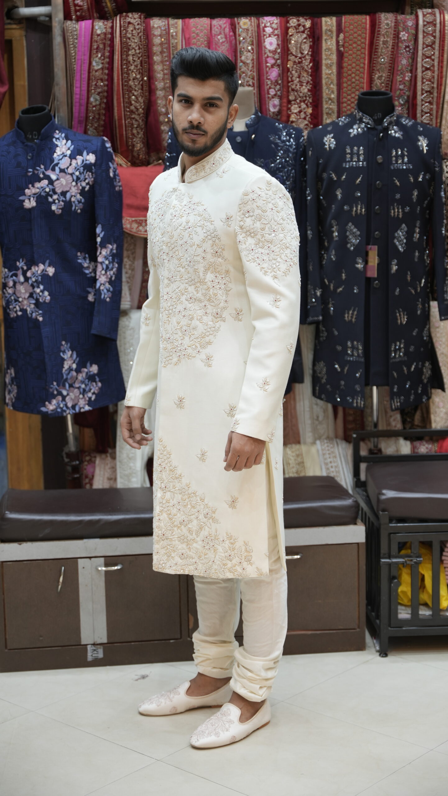 Cream Floral Embroidered Sherwani Set with Intricate Front Panel Work - Image 3