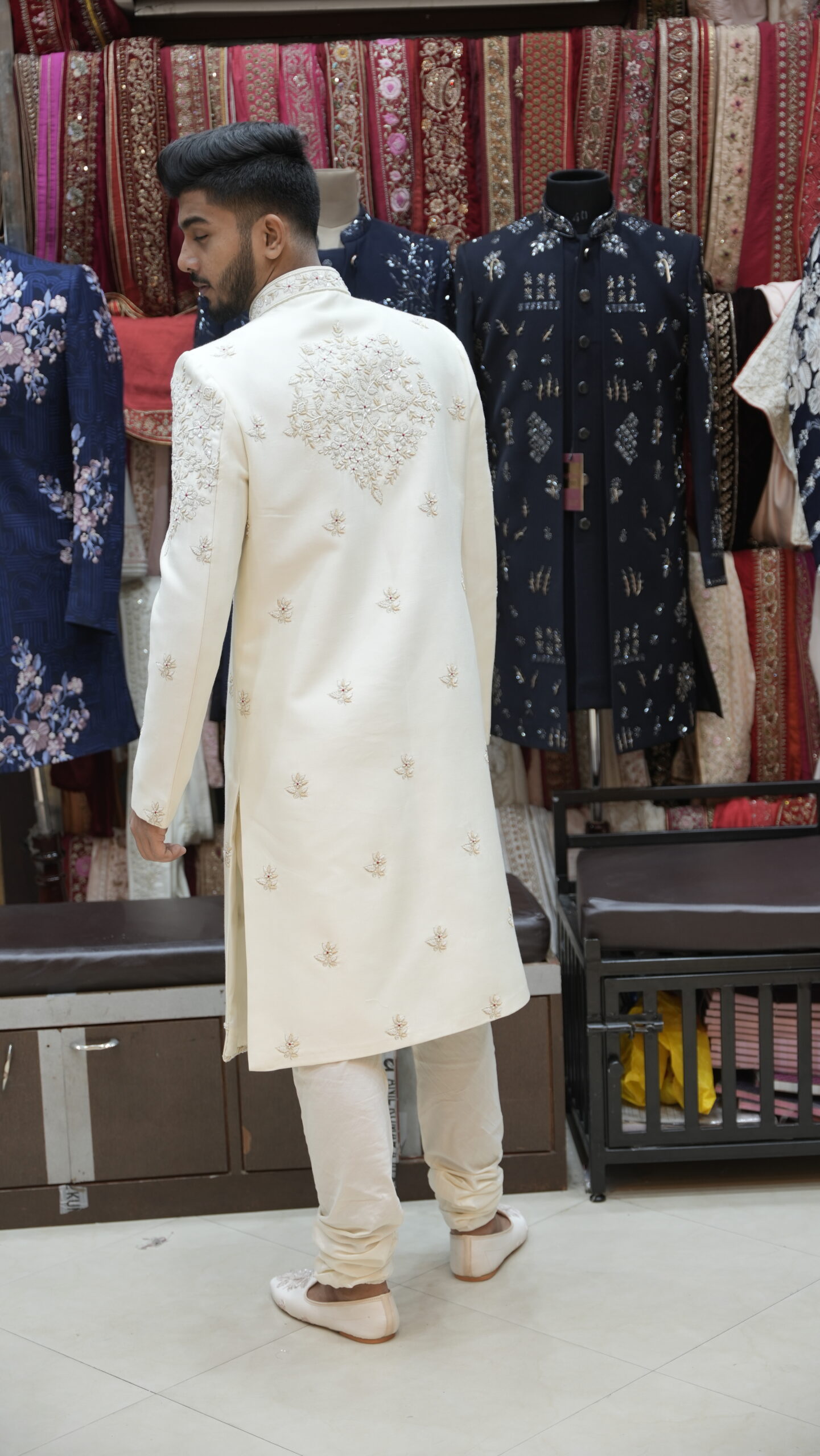 Cream Floral Embroidered Sherwani Set with Intricate Front Panel Work - Image 4