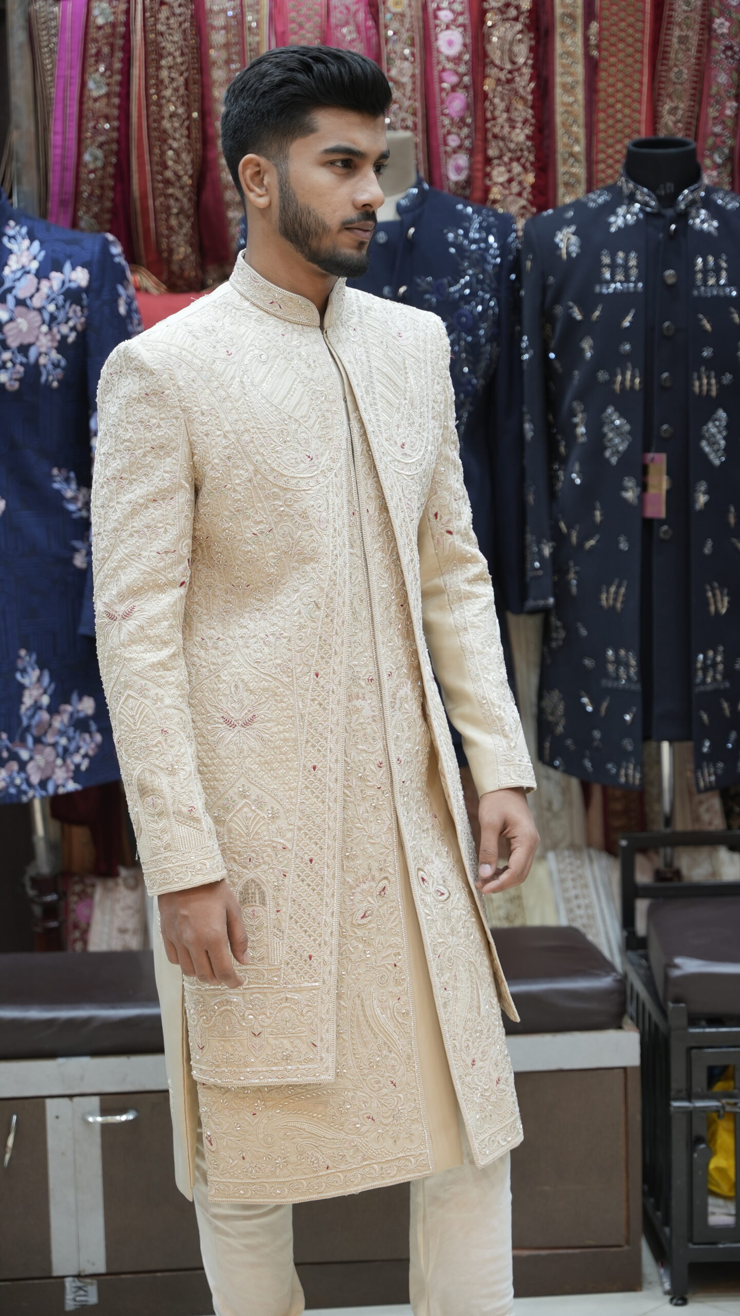 Royal Ivory Layered Sherwani Set with Intricate All-Over Embroidery - Image 2