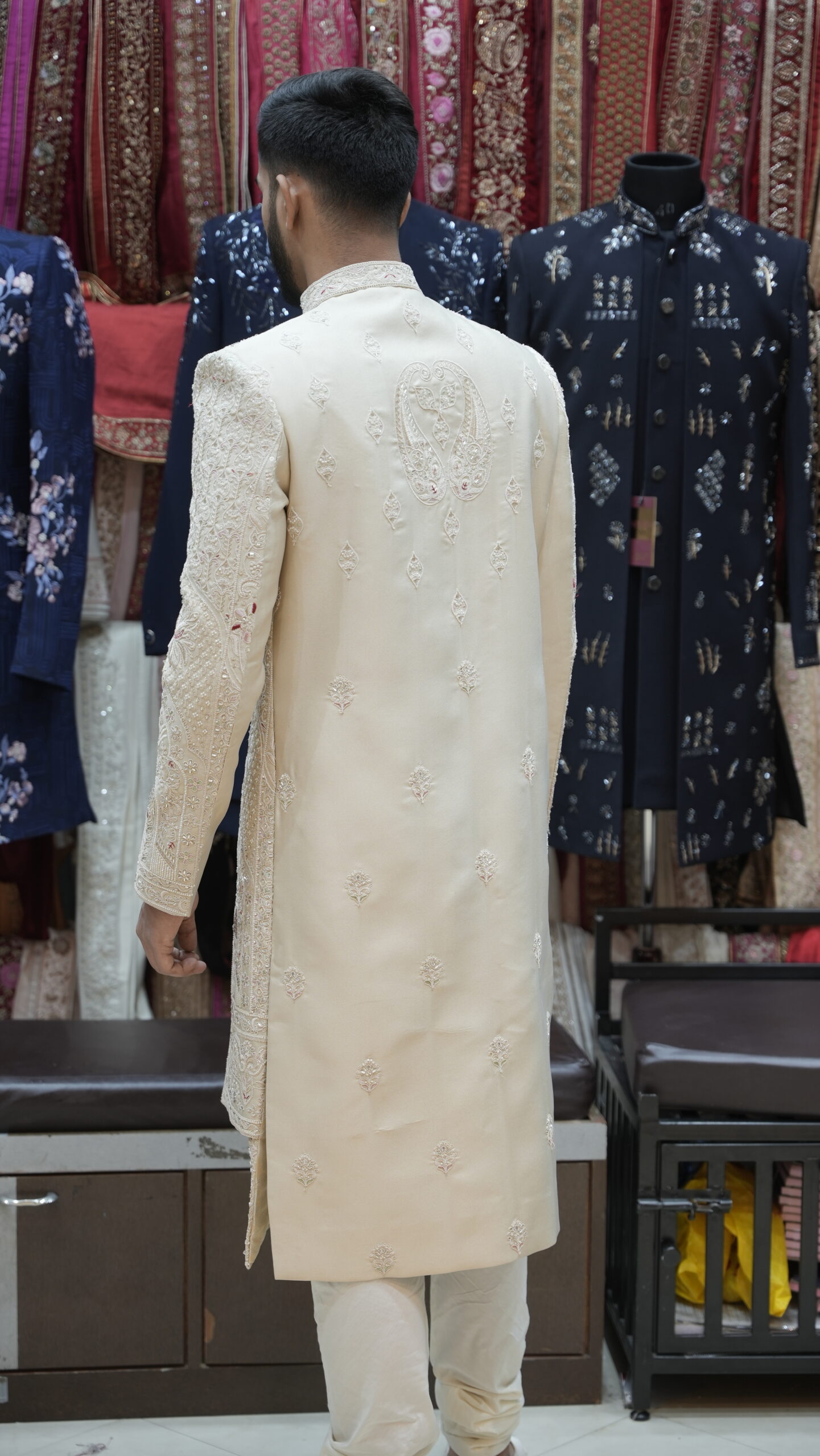 Royal Ivory Layered Sherwani Set with Intricate All-Over Embroidery - Image 4
