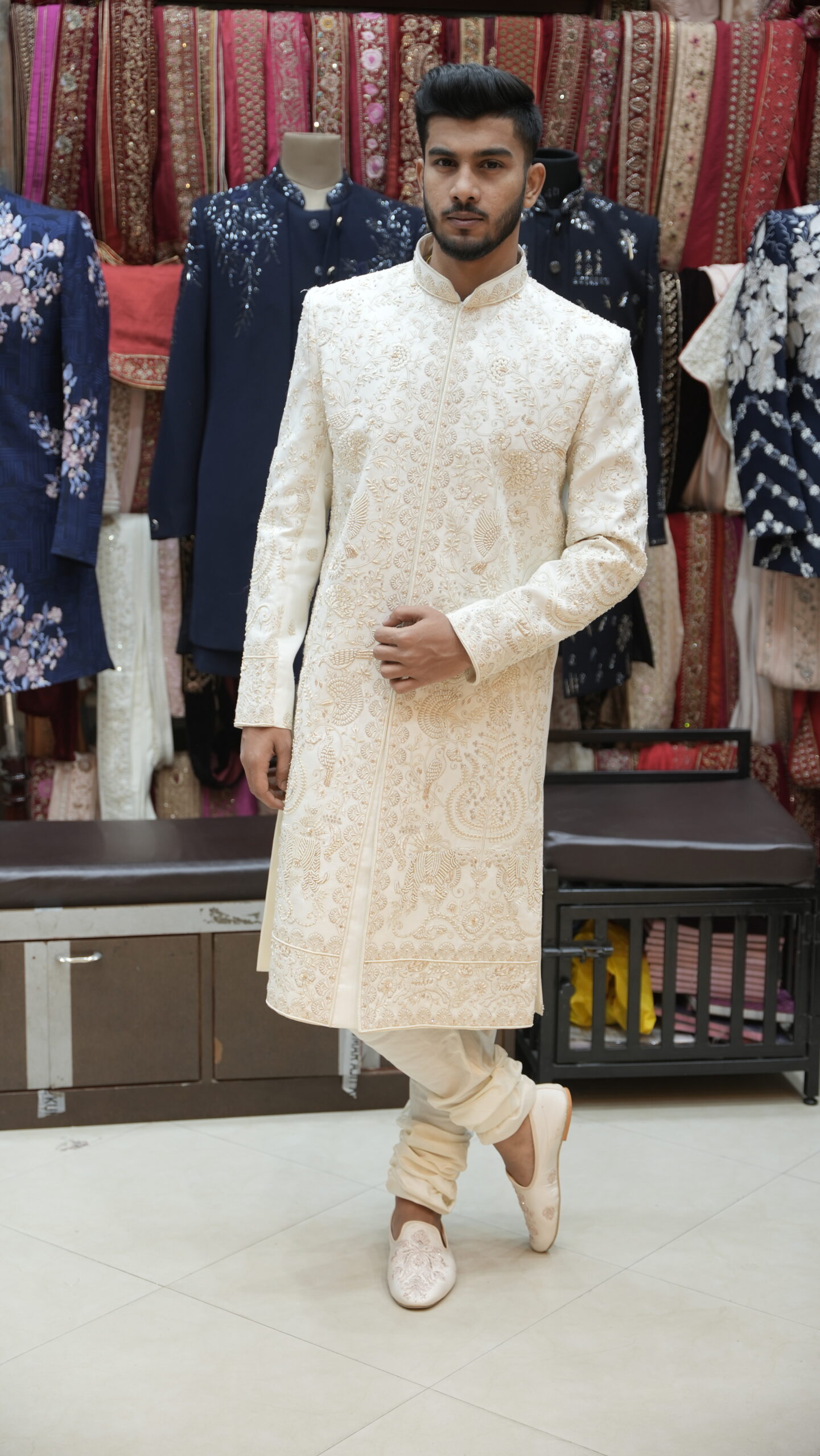 Ivory Gold Heavy Embroidered Wedding Sherwani Set