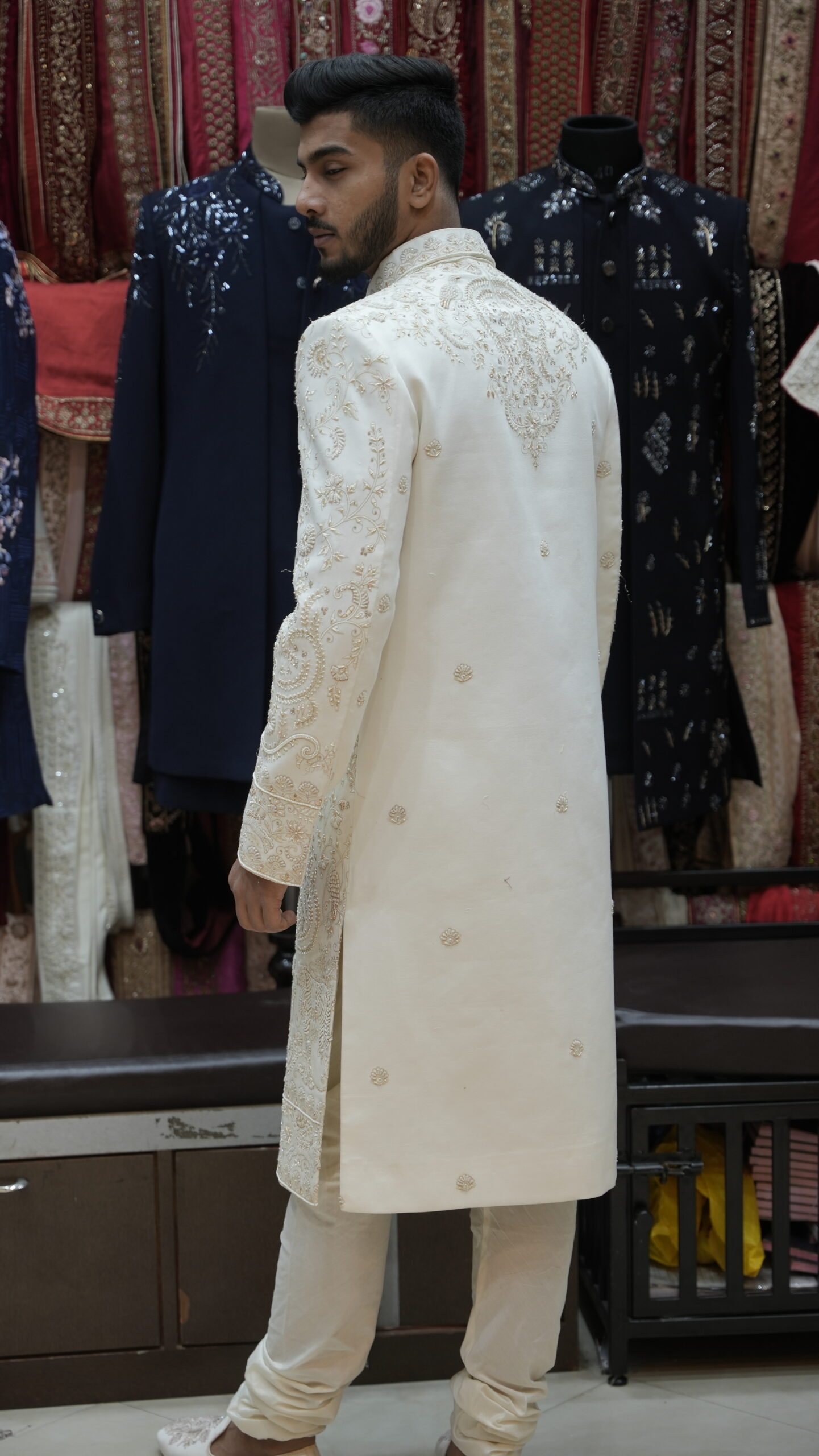 Ivory Gold Heavy Embroidered Wedding Sherwani Set - Image 4