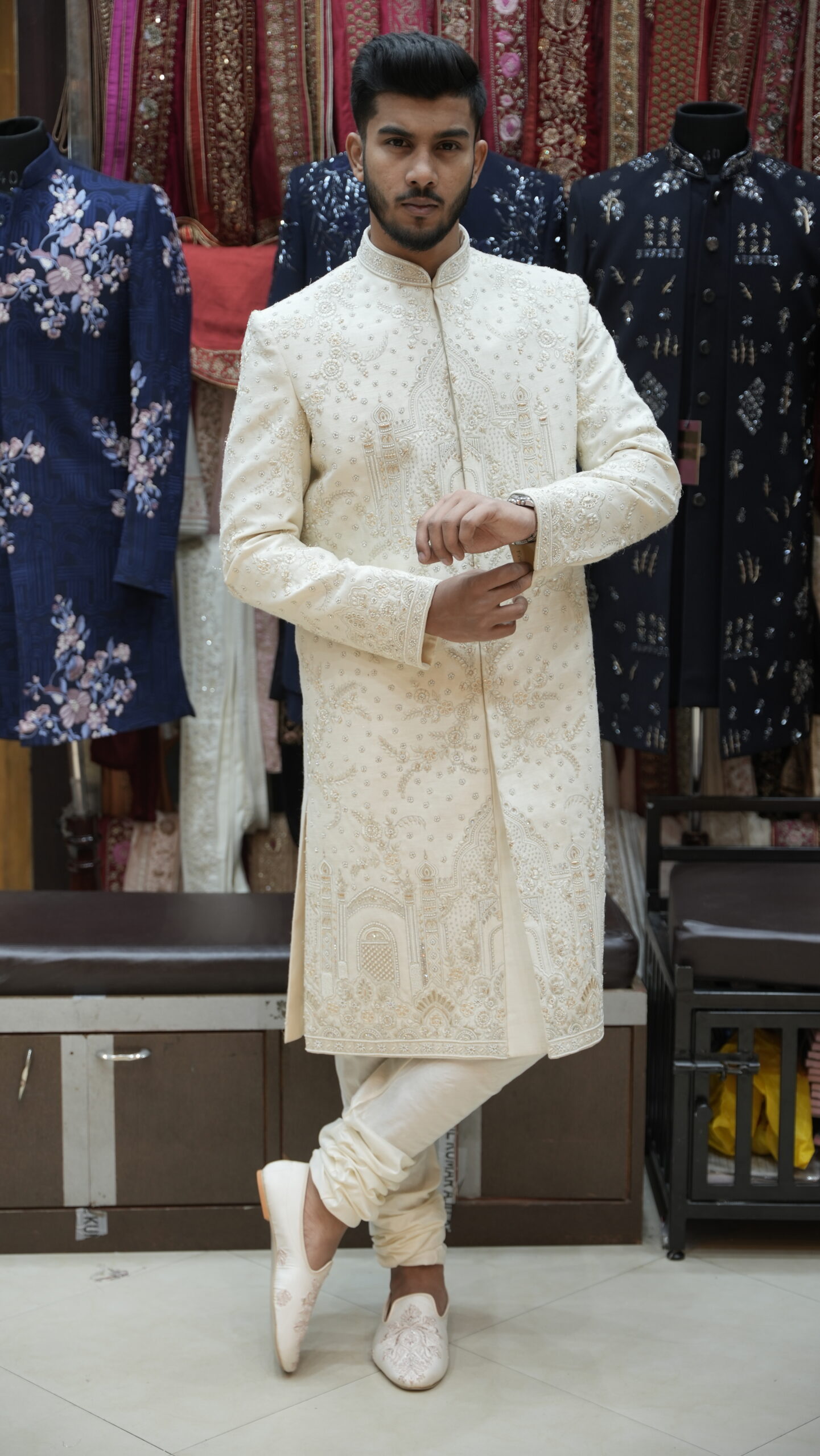 Ivory Mughal-Inspired Embroidered Sherwani Set - Image 2