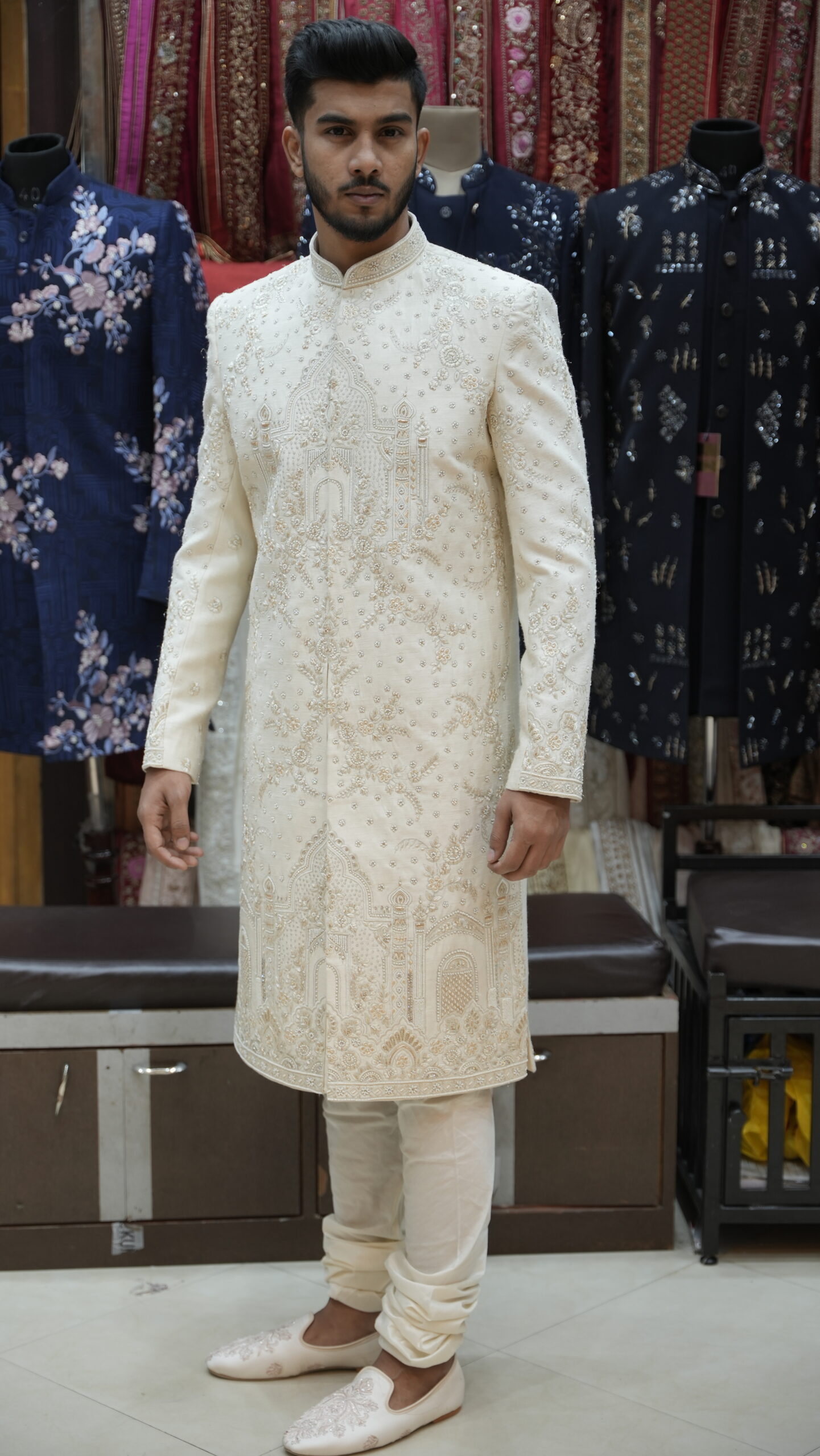 Ivory Mughal-Inspired Embroidered Sherwani Set - Image 4