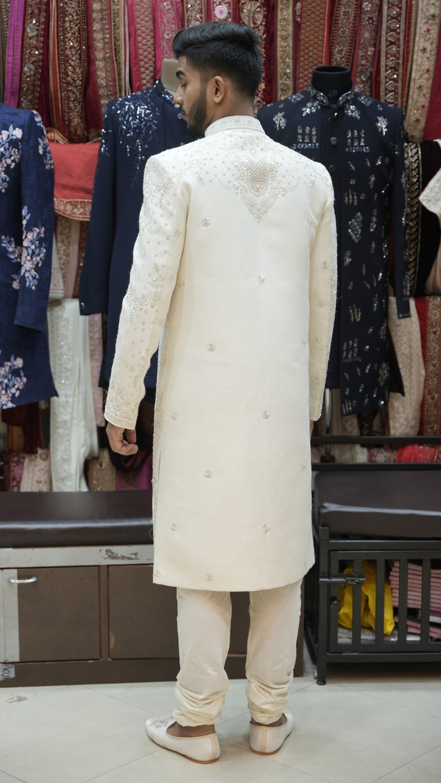 Ivory Mughal-Inspired Embroidered Sherwani Set - Image 3