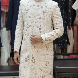 Ivory Floral Embroidered Handwork Sherwani Set