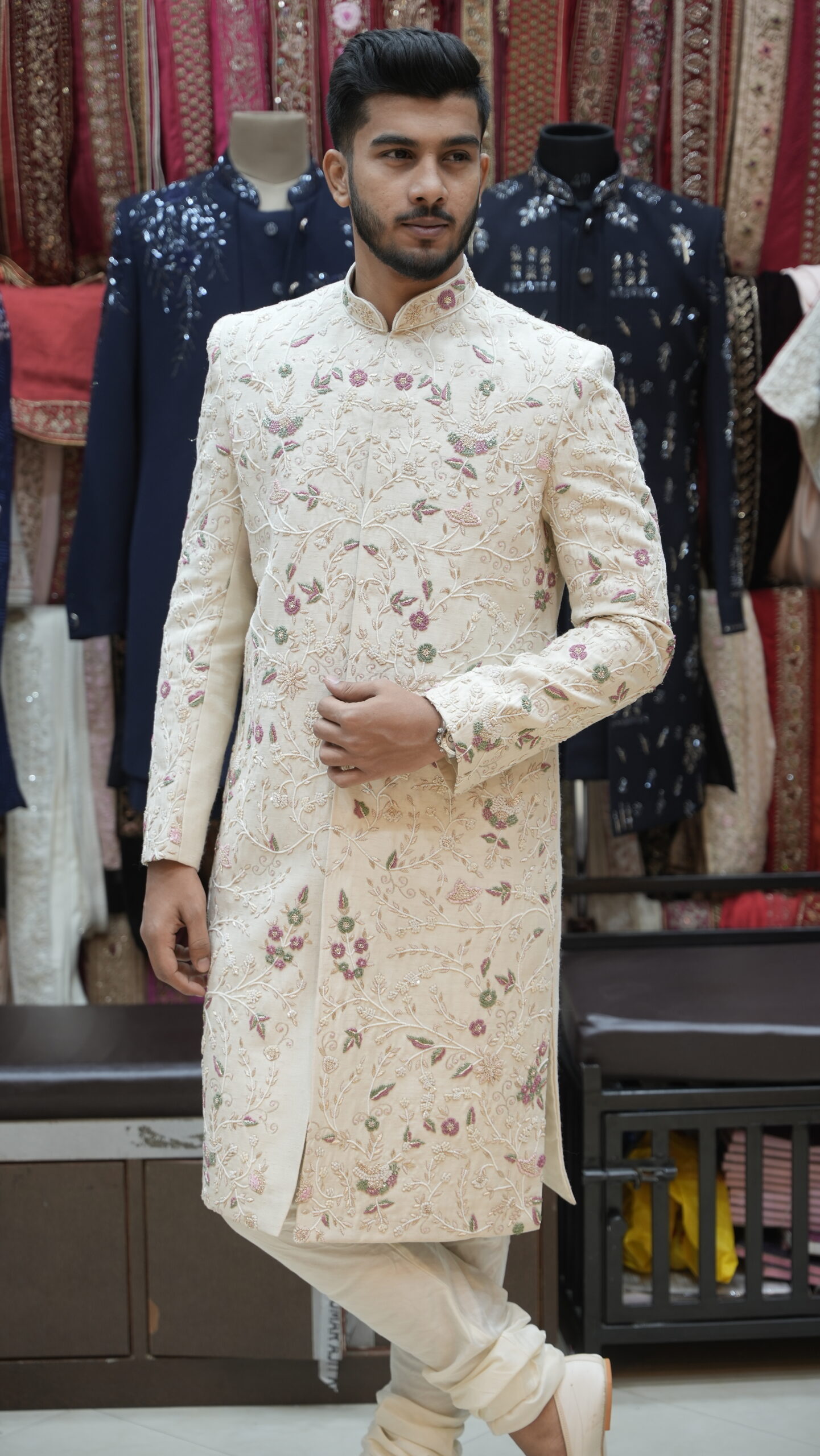 Ivory Floral Embroidered Handwork Sherwani Set