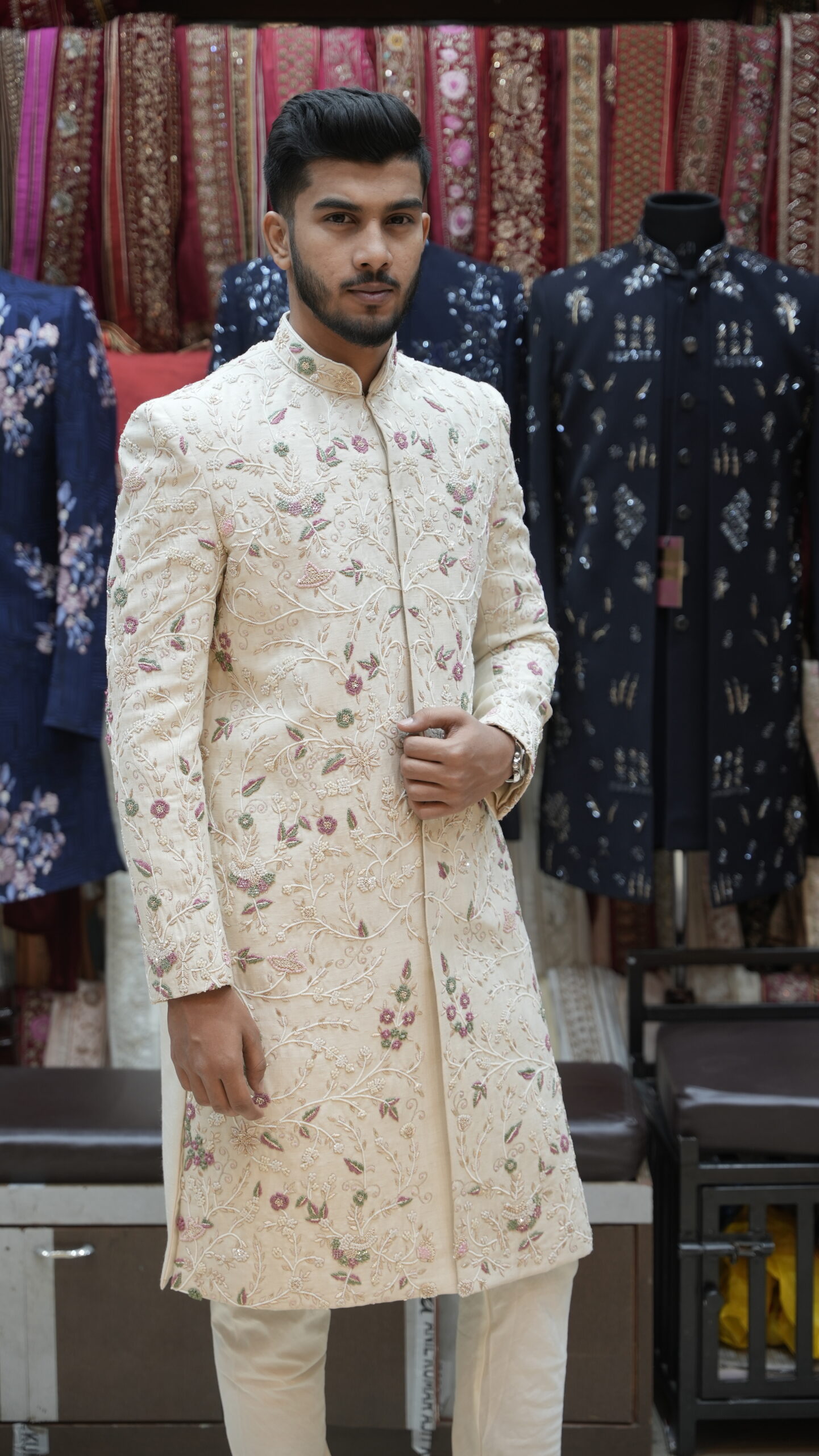 Ivory Floral Embroidered Handwork Sherwani Set - Image 2