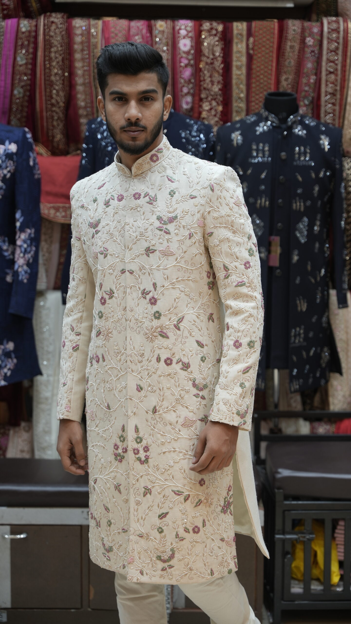 Ivory Floral Embroidered Handwork Sherwani Set - Image 3