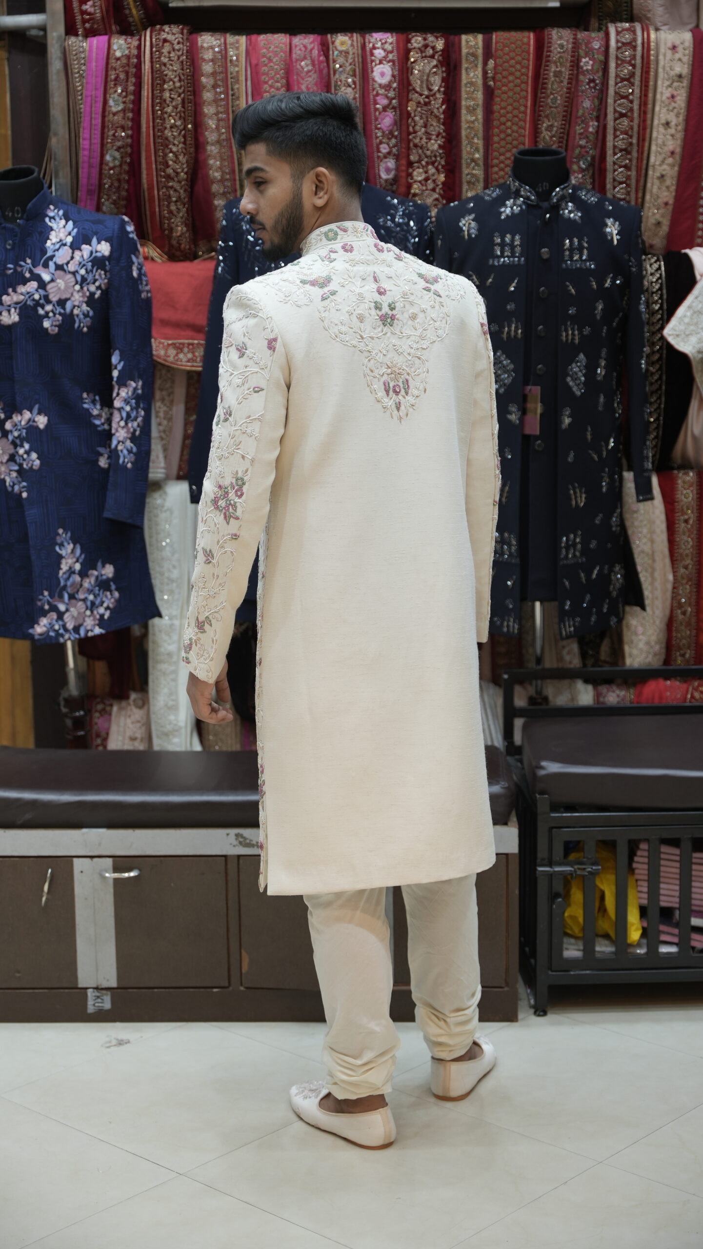 Ivory Floral Embroidered Handwork Sherwani Set - Image 4