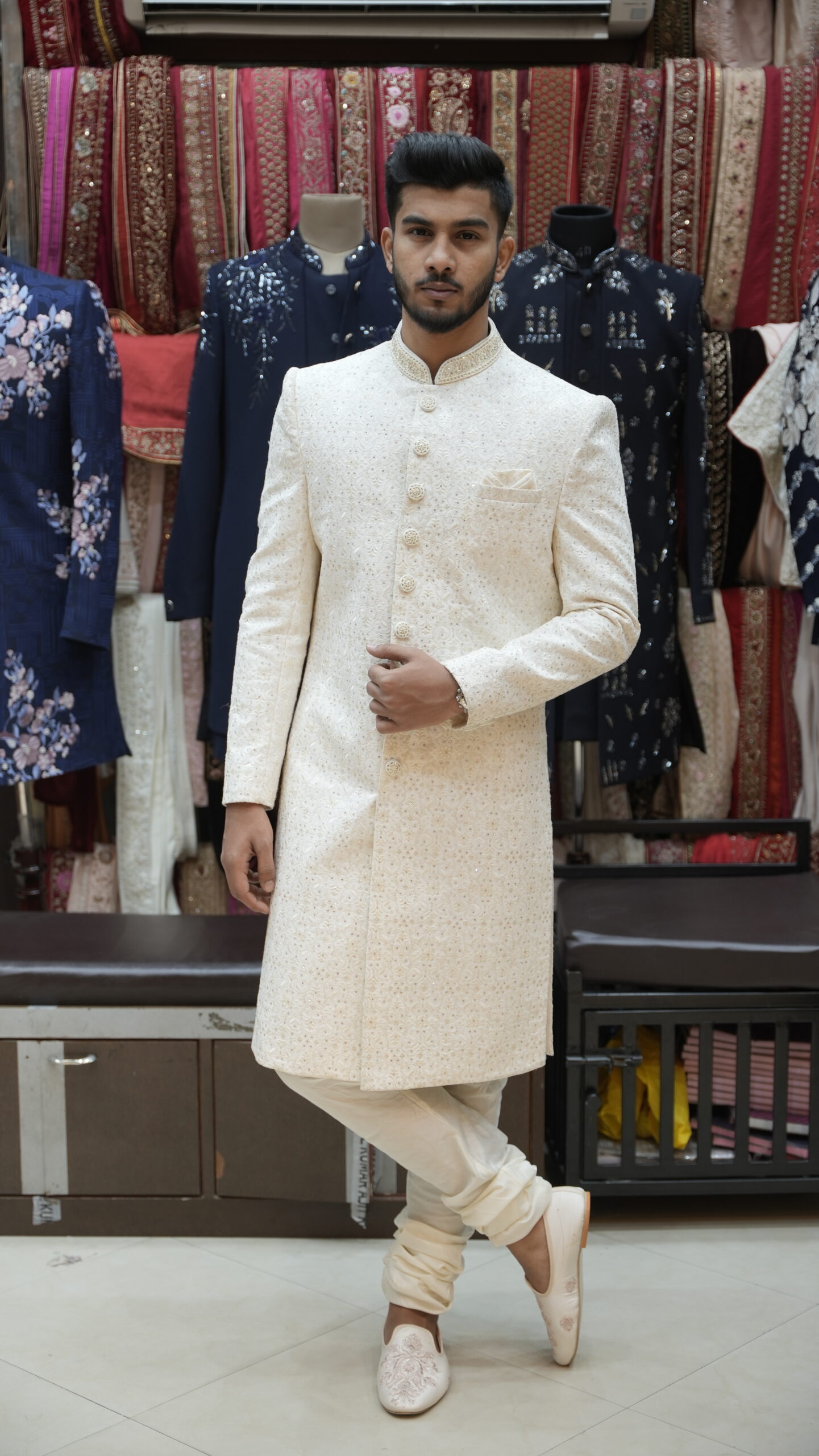Classic Ivory Textured Sherwani Set