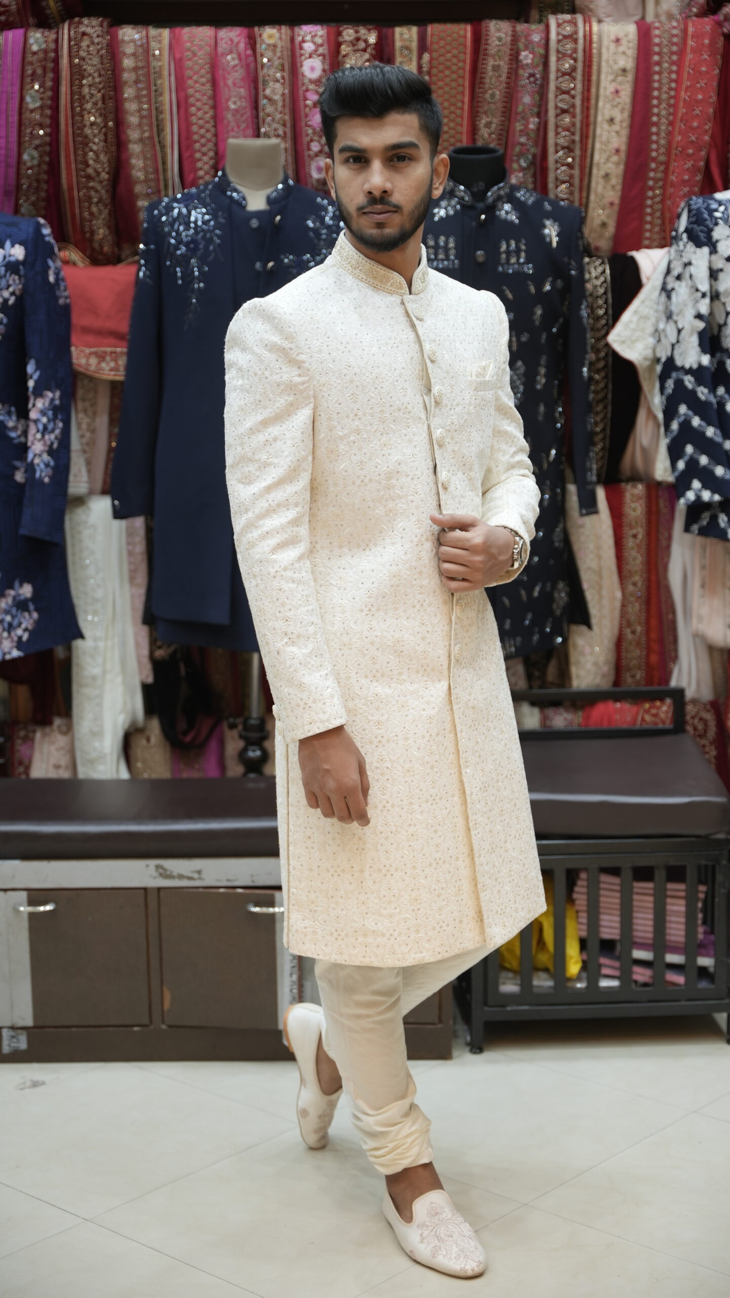 Classic Ivory Textured Sherwani Set - Image 2