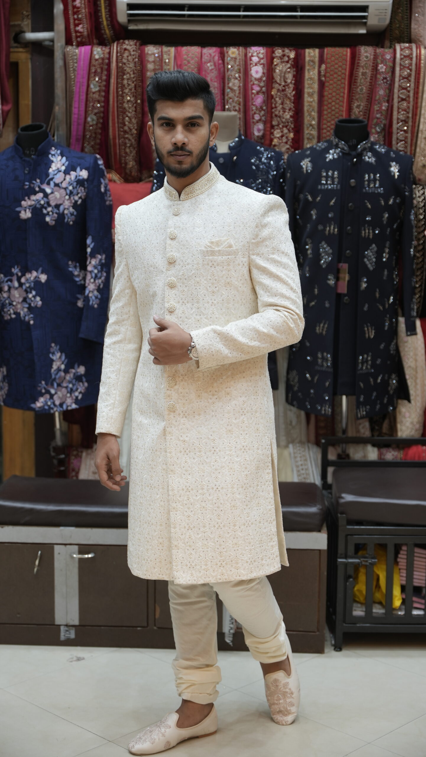 Classic Ivory Textured Sherwani Set - Image 3