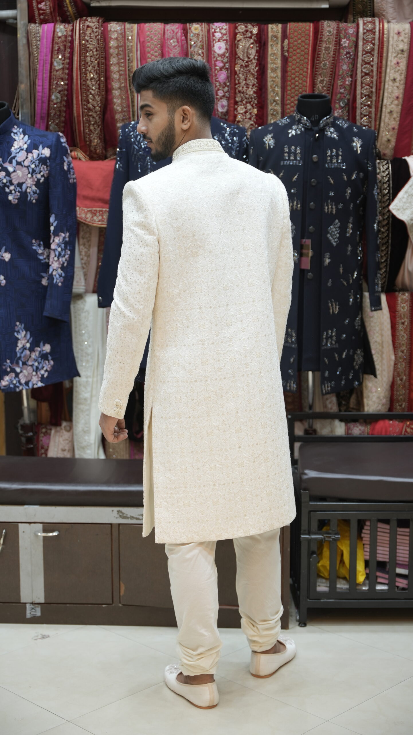 Classic Ivory Textured Sherwani Set - Image 4